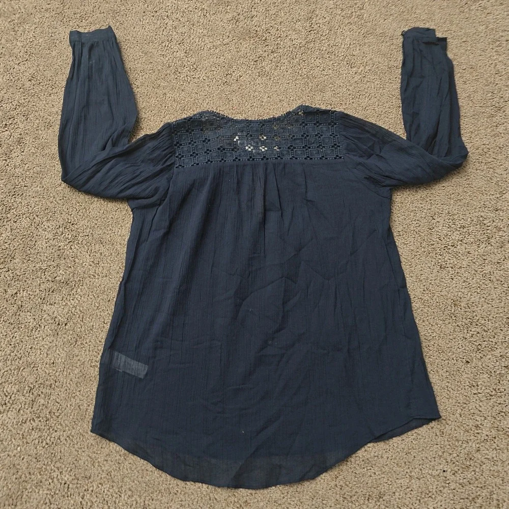 J.Crew Womens Navy Blue Crochet Lace Yoke Crinkle Gauze Cotton Blouse 00 NWT